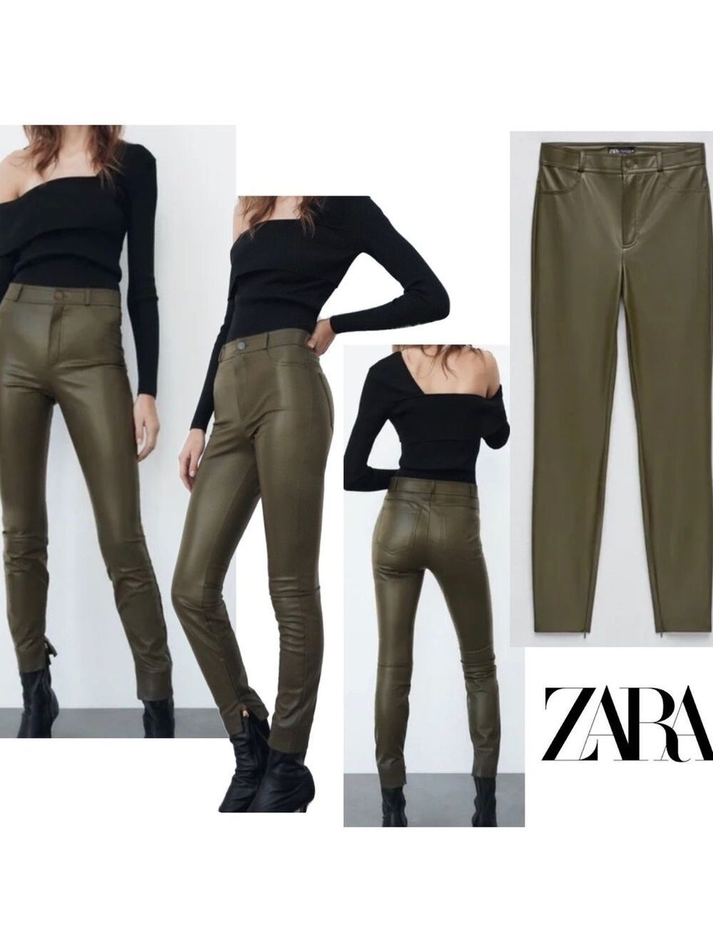 Zara olive khaki green faux leather high-rise leggings Sz XS NWOT pleather vegan